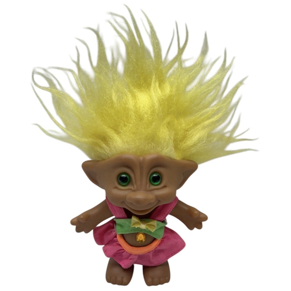 Vintage Ace Novelty Treasure Troll Doll - 4 Inch - Yellow Hair - Gem Belly